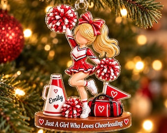 Personalized Just A Girl Who Loves Cheerleading Christmas Ornament, Custom Name Cheerleading Girl Acrylic Keepsake, Cheer Team Gift