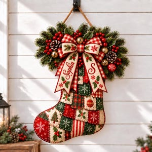 May include: A Christmas stocking featuring a patchwork design of red, green, and cream fabric squares with snowflake, tree, and holly patterns. A large red and white gingham bow at the top displays the name Sophia and the letter S in red script.