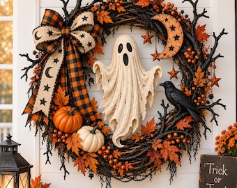2D Spooky Ghost Halloween Wooden Sign, Gothic Wreath Door Hanger, Pumpkin Raven Wall Decor, Haunted House Porch Decor, Fall Gift