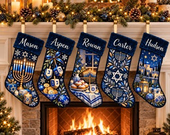 Personalized Hanukkah Stocking, Custom Name Jewish Holiday Stocking, Menorah Star of David Decor, Fireplace Mantel Hanging, Hanukkah Gift