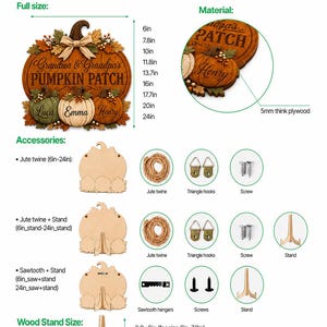K&ouml;nnte beinhalten: Ein k&uuml;rbisf&ouml;rmiges Holzschild mit der Aufschrift Grandma & Grandpa's PUMPKIN PATCH und den Namen Luca, Emma und Henry. Enth&auml;lt 5 mm dickes Sperrholz, Jutegarn, Dreieckshaken, Schrauben, S&auml;gezahnaufh&auml;nger und einen h&ouml;lzernen St&auml;nder.