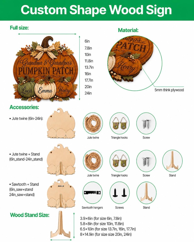 K&ouml;nnte beinhalten: Ein k&uuml;rbisf&ouml;rmiges Holzschild mit der Aufschrift Grandma & Grandpa's PUMPKIN PATCH und den Namen Luca, Emma und Henry. Enth&auml;lt 5 mm dickes Sperrholz, Jutegarn, Dreieckshaken, Schrauben, S&auml;gezahnaufh&auml;nger und einen h&ouml;lzernen St&auml;nder.
