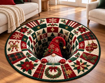 3D Illusion Christmas Gnome Round Rug, Patchwork Holiday Carpet, Red Green Style Xmas Floor Decor, Festive Winter Home Gift, Xmas Gift