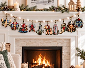 Viking Christmas Wooden Garland, Nordic Folk Art Banner, Viking Helmet Shield Rune Decor, Rustic Norse Fireplace Mantel Hanging, Xmas Gift