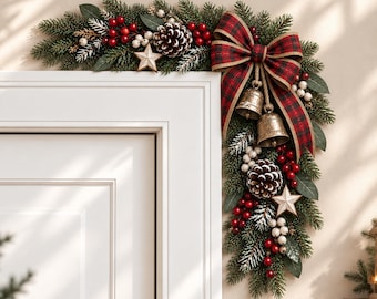 Christmas Bow Door Corner Wood Sign, Plaid Bell Pine Garland Door Frame Decor, Rustic Holiday Decor, Farmhouse Christmas Decor, Xmas Gift