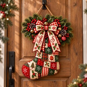 K&ouml;nnte beinhalten: Ein Weihnachtsstrumpf im Patchwork-Design aus roten, gr&uuml;nen und cremefarbenen Quadraten mit Schneeflocken-, Tannen- und Stechpalmenmotiven. Eine gro&szlig;e rot-wei&szlig; karierte Schleife oben ist mit dem Namen Sophia und dem Buchstaben S in roter Schrift verziert.