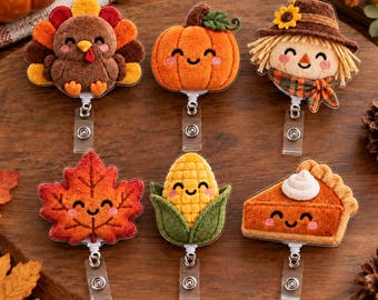 Thanksgiving Plushie Acrylic Badge Reel, Cute Turkey Pumpkin Scarecrow Retractable ID Holder, Fall Nurse Badge Clip, Autumn Gift for Teacher