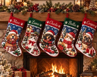 Personalized Pet Christmas Stocking, Custom Dog Cat Photo & Name Holiday Stocking, Paw Print Winter Fireplace Mantel Decor, Pet Lover Gift