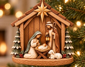 Nativity Christmas Wooden Ornament, 2D Holy Family Jesus Manger Keepsake, Rustic Christian Religious Tree Decor, Bethlehem Xmas Gift