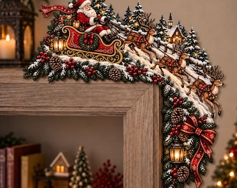 Santa Christmas Corner Sign, Reindeer Sleigh Wooden Door Frame Decor, Rustic Holiday Corner Decoration, Christmas Mantel Decor, Xmas Gift