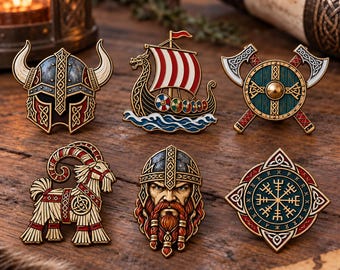 Viking Acrylic Lapel Pin, Norse Mythology Brooch, Viking Helmet Longship Shield Badge, Nordic Rune Yule Goat Pin, Scandinavian Gift