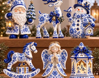 Blue Toile Christmas Wooden Block Decor, Chinoiserie Santa Reindeer Snowman, Vintage Holiday Shelf Decor, Christmas Housewarming Gift