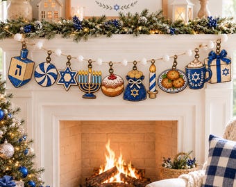 Hanukkah Wooden Garland, Jewish Holiday Hanging Decor, Menorah Star of David Dreidel Banner, Fireplace Mantel Decor, Hanukkah Gift