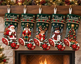 Personalized Christmas Stocking, Custom Name Santa Nutcracker Reindeer Snowman Tree, Green Holiday Fireplace Mantel Decor, Xmas Gift