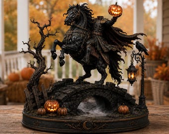 May include: A dark, detailed sculpture of a headless rider on a rearing black horse atop a stone bridge. The rider holds a glowing jack-o'-lantern. The scene includes a bare tree, a lit streetlamp with a raven, and small glowing pumpkins on the base.
