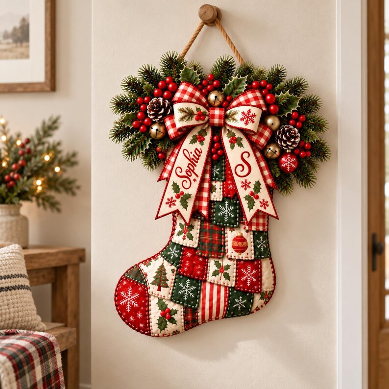 K&ouml;nnte beinhalten: Ein Weihnachtsstrumpf im Patchwork-Design aus roten, gr&uuml;nen und wei&szlig;en Quadraten mit Schneeflocken-, Tannenbaum- und Stechpalmenmotiven. Eine gro&szlig;e rot-wei&szlig; karierte Schleife oben ist mit dem Namen Sophia und dem Buchstaben S verziert.