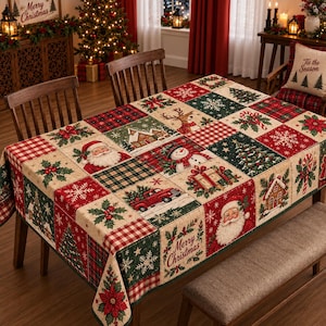May include: A rectangular tablecloth featuring a patchwork design of Christmas-themed squares. The pattern includes illustrations of Santa Claus, a snowman, a red truck, gingerbread houses, snowflakes, holly, and the text Merry Christmas.