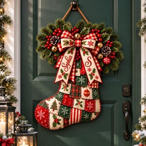 K&ouml;nnte beinhalten: Ein Weihnachtsstrumpf-Wandbehang mit einem Patchwork-Design aus roten, gr&uuml;nen und wei&szlig;en Quadraten mit Schneeflocken-, Baum- und Stechpalmenmustern. Eine gro&szlig;e rot-wei&szlig; karierte Schleife mit dem Namen Sophia und dem Buchstaben S h&auml;ngt oben.