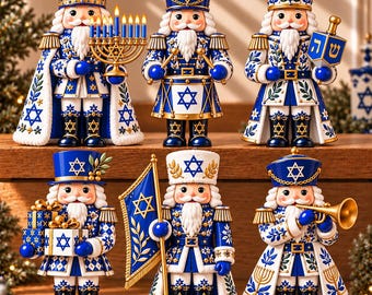 2D Hanukkah Nutcracker Wooden Block, Blue White Jewish Holiday Soldier Shelf Sitter, Menorah Dreidel Star of David Decor, Hanukkah Gift