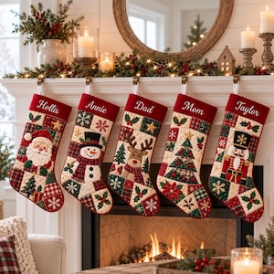 May include: Five quilted Christmas stockings hanging in a row, each featuring a red cuff embroidered with names Hollis, Annie, Dad, Mom, and Taylor. The stockings display patchwork patterns of Santa, a snowman, a reindeer, a tree, and a nutcracker.