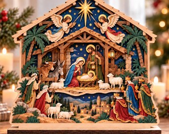 Nativity Scene Wooden Stand, Holy Family Manger Decor, Jesus Birth Bethlehem Christmas Shelf Sitter, Rustic Christian Gift, Xmas Gift