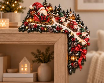 Gnome Christmas Corner Sign, Santa Gnome Sleigh Wooden Door Topper, Rustic Winter Shelf Sitter, Nordic Holiday Corner Decor, Xmas Gift