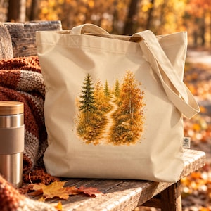 Borsa shopper in tessuto Autumn Path con motivo forestale ad acquerello, realizzata in cotone biologico.