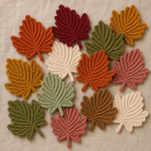 May include: A collection of thirteen crocheted leaf-shaped coasters in various autumn colours including deep red, burnt orange, mustard yellow, olive green, cream, and dusty rose. Each coaster features a textured, ribbed stitch pattern.