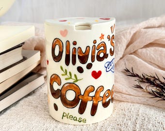 Personalized Hand Painted Ceramic Travel Mug, Custom Name Gift for Coffee Lover.