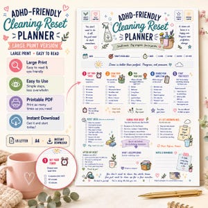 Op de afbeelding: Een ADHD-Friendly Cleaning Reset Planner document met een gestructureerde lay-out met secties voor het instellen van timers, het kiezen van hulpmiddelen en het bijhouden van voortgang. De pagina bevat kleurrijke illustraties, selectievakjes en tekstprompts om huishoudelijke taken te organiseren.