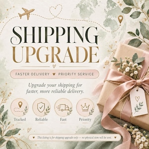 May include: A graphic featuring the text SHIPPING UPGRADE, FASTER DELIVERY, PRIORITY SERVICE, and Upgrade your shipping for faster, more reliable delivery. Icons include a map pin, shield, truck, and crown, alongside a gift box with a pink ribbon.