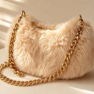 Puede incluir: Un bolso de mano de piel sintética beige con una superficie suave y texturizada en forma de media luna. El bolso cuenta con una correa de cadena de metal dorado pulido y grueso que se conecta a las esquinas superiores, creando contraste.