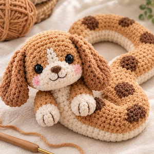 Peut inclure: Un animal en peluche crocheté représentant une tête de chiot beige et blanc avec de longues oreilles tombantes, des yeux noirs et un long corps incurvé beige à taches marron foncé. Le chiot a des joues roses et des pattes blanches.