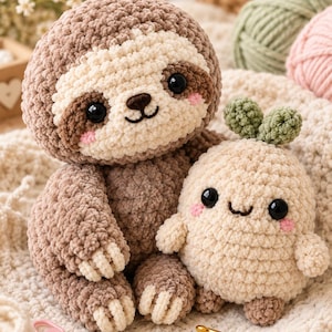 Può includere: Un peluche a forma di bradipo lavorato all'uncinetto nei colori marrone e crema, seduto accanto a una creatura più piccola, rotonda e color crema con due foglie verdi sulla testa. Entrambi hanno occhi in plastica nera e guance rosa.