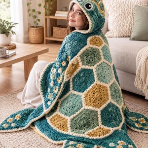 May include: A crochet hooded blanket designed to resemble a sea turtle, featuring a shell pattern made of interconnected teal, sage green, and mustard yellow hexagonal motifs. The hood includes a turtle face with large eyes and a textured border.