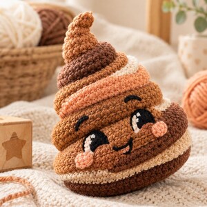 May include: A crocheted plush toy shaped like a swirl in shades of dark brown, light brown, and cream. The toy features an embroidered face with black eyes, a small smile, and pink circular cheeks, crafted with a textured yarn finish.