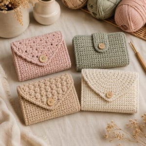 May include: Four rectangular crochet wallets in soft pastel colors including dusty pink, sage green, beige, and cream. Each wallet features a textured stitch pattern, a triangular flap closure, and a single round wooden button centered on the front.