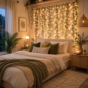 May include: A bedroom featuring a bed with white bedding and a green knit throw blanket. Behind the headboard, vertical strands of artificial ivy vines are intertwined with warm white string lights, creating a glowing wall display.