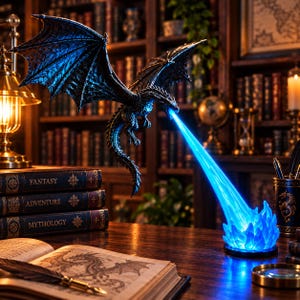 May include: A black dragon figurine in flight, emitting a bright blue light beam from its mouth towards a glowing blue base. The dragon features detailed scales and large wings, positioned above a desk with books and a fountain pen.