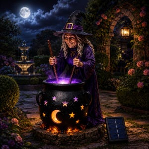 Könnte beinhalten: Eine Hexenfigur in einem violetten Gewand und mit einem schwarzen Spitzhut, die über einem schwarzen Kessel mit ausgestanzten Sternen und einer Mondsichel steht. Der Kessel leuchtet violett und ist mit einem kleinen Solarpanel verbunden.