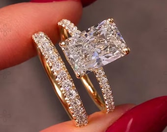 3 Ct Radiant Cut Moissanite Diamond Engagement Ring Set, Wedding Band Set, Bridal Eternity Pavé Ring IGI Certified, Anniversary Gift for Her