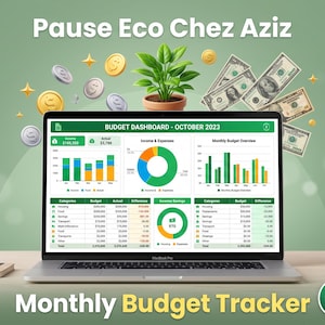 May include: A laptop screen displaying a Budget Dashboard for October 2023 with charts, tables, and financial data. Above the screen are floating gold and silver coins, paper money, and a green plant. Text reads Pause Eco Chez Aziz.