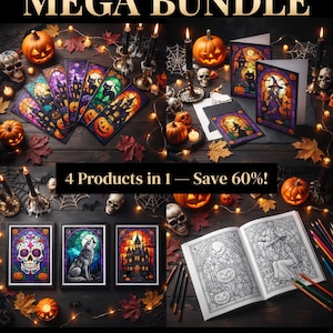 Può includere: Un Halloween Stained Glass MEGA BUNDLE con oltre 54 design e modelli Canva modificabili. L'immagine mostra varie stampe artistiche in vetro colorato, biglietti d'auguri e pagine da colorare con temi spettrali come zucche, gatti e streghe.