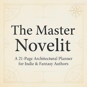 Puede incluir: Una cubierta de documento cuadrada con fondo crema y texto marrón oscuro que dice The Master Novelit A 21-Page Architectural Planner for Indie & Fantasy Authors. El borde presenta líneas finas marrones con motivos de brújula.