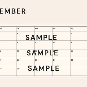 May include: A September calendar page with a cream background and black grid lines. The word SEPTEMBER is printed in black at the top next to an orange vertical bar. The word SAMPLE is printed in black across the center of the calendar grid.