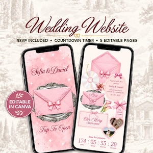 Puede incluir: Dos teléfonos inteligentes que muestran una plantilla de sitio web de bodas rosa con el texto Wedding Website, RSVP INCLUDED, COUNTDOWN TIMER, 5 EDITABLE PAGES, Sofia & Daniel, Tap To Open, Our Story y Time To Celebrate con un temporizador.