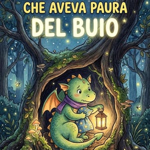 Può includere: Un'illustrazione di copertina di un libro con un drago verde con una sciarpa viola che tiene una lanterna accesa dentro un albero cavo. Il testo recita IL DRAGO CHE AVEVA PAURA DEL BUIO. Lo sfondo mostra un bosco scuro di notte con stelle e luna.
