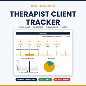 Op de afbeelding: Een digitale cliëntentracker voor therapeuten in Excel en Google Sheets met een dashboard, gegevenstabellen, een staafdiagram voor commissies per maand en een cirkeldiagram. Tekst bevat Therapist Client Tracker, Caseload, Sessions, Payments, Notes.