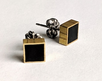 Black and Gold Square Stud Earrings, Minimal Square Earring Set, Simple Geometric Black and Gold Everyday Earrings, Hypoallergenic