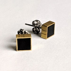 Black and Gold Square Stud Earrings, Minimal Square Earring Set, Simple Geometric Black and Gold Everyday Earrings, Hypoallergenic
